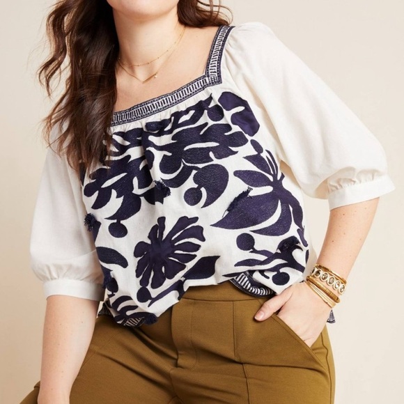 NWT Anthropologie Maeve Liyah Embroidered Top Cotton Linen Navy White Size 8 - Picture 7 of 15